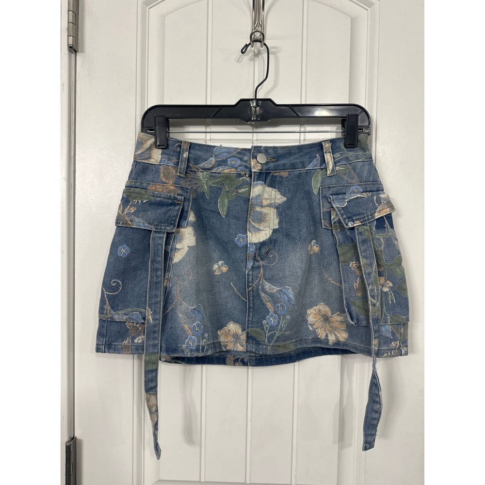 Floral Denim Cargo Mini Skirt Blue Vintage Style Utility Pocket Size M Y2K
Retro